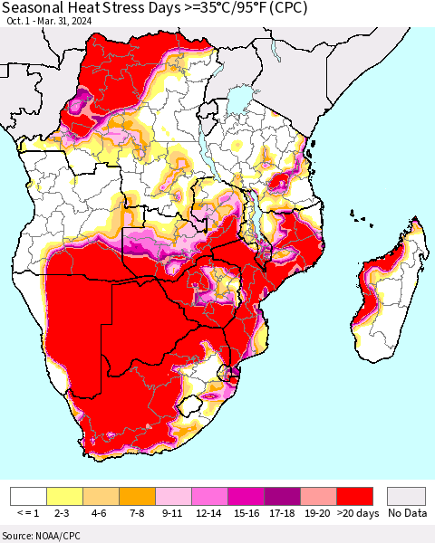 Southern Africa Seasonal Heat Stress Days >=35°C/95°F (CPC) Thematic Map For 10/1/2023 - 3/31/2024