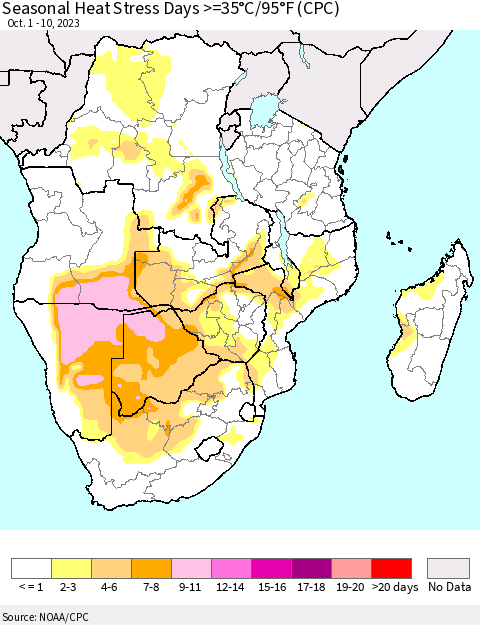 Southern Africa Seasonal Heat Stress Days >=35°C/95°F (CPC) Thematic Map For 10/1/2023 - 10/10/2023