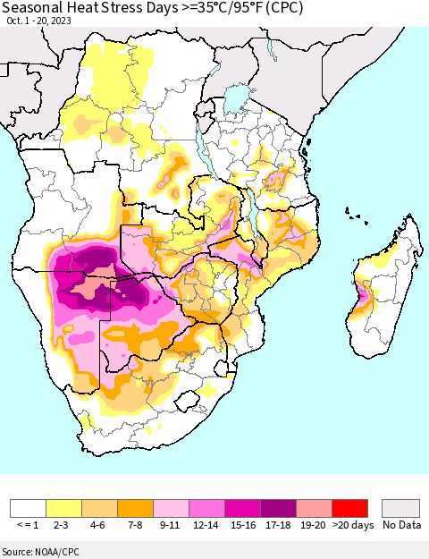 Southern Africa Seasonal Heat Stress Days >=35°C/95°F (CPC) Thematic Map For 10/1/2023 - 10/20/2023