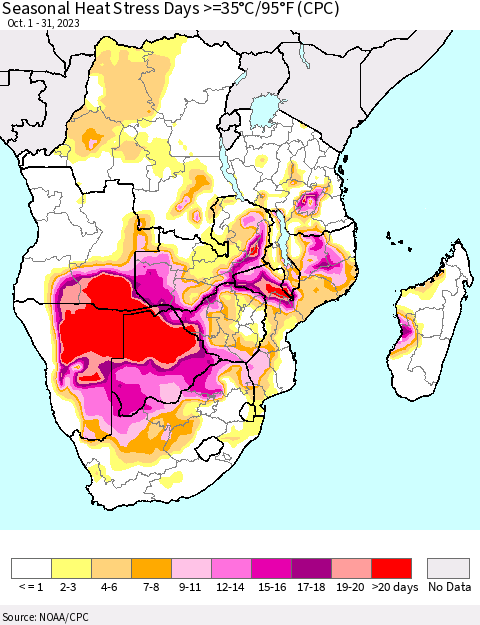 Southern Africa Seasonal Heat Stress Days >=35°C/95°F (CPC) Thematic Map For 10/1/2023 - 10/31/2023