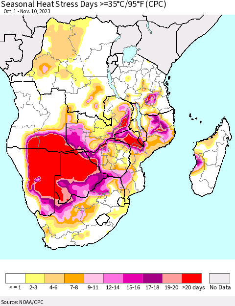 Southern Africa Seasonal Heat Stress Days >=35°C/95°F (CPC) Thematic Map For 10/1/2023 - 11/10/2023