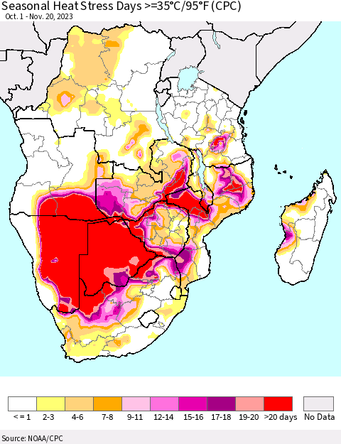 Southern Africa Seasonal Heat Stress Days >=35°C/95°F (CPC) Thematic Map For 10/1/2023 - 11/20/2023