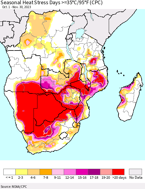 Southern Africa Seasonal Heat Stress Days >=35°C/95°F (CPC) Thematic Map For 10/1/2023 - 11/30/2023