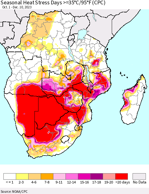 Southern Africa Seasonal Heat Stress Days >=35°C/95°F (CPC) Thematic Map For 10/1/2023 - 12/10/2023