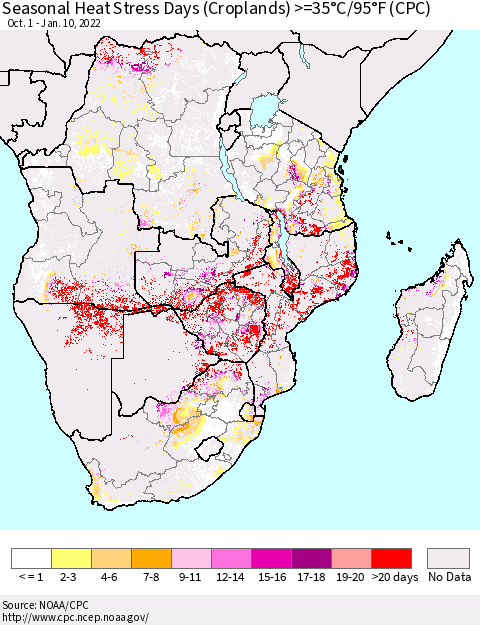 Southern Africa Seasonal Heat Stress Days (Croplands) >=35°C/95°F (CPC) Thematic Map For 10/1/2021 - 1/10/2022