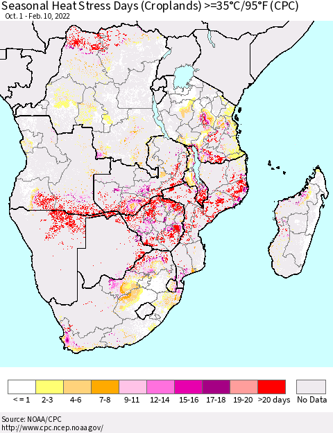 Southern Africa Seasonal Heat Stress Days (Croplands) >=35°C/95°F (CPC) Thematic Map For 10/1/2021 - 2/10/2022