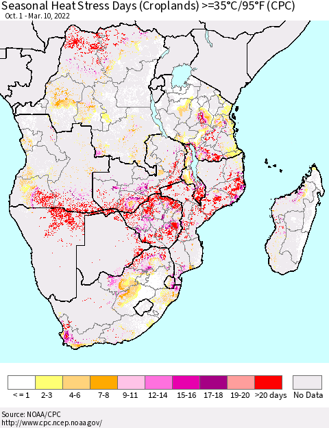 Southern Africa Seasonal Heat Stress Days (Croplands) >=35°C/95°F (CPC) Thematic Map For 10/1/2021 - 3/10/2022