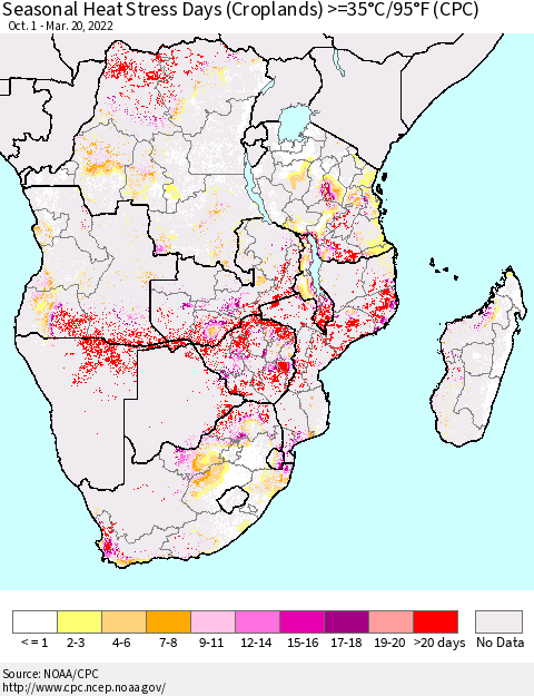Southern Africa Seasonal Heat Stress Days (Croplands) >=35°C/95°F (CPC) Thematic Map For 10/1/2021 - 3/20/2022