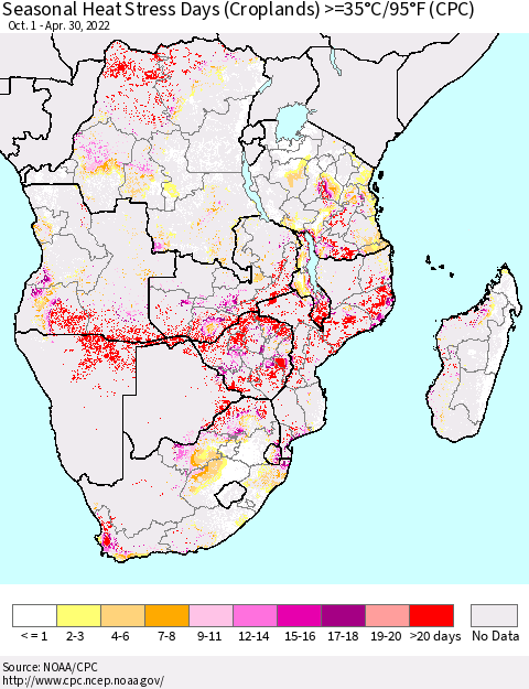 Southern Africa Seasonal Heat Stress Days (Croplands) >=35°C/95°F (CPC) Thematic Map For 10/1/2021 - 4/30/2022