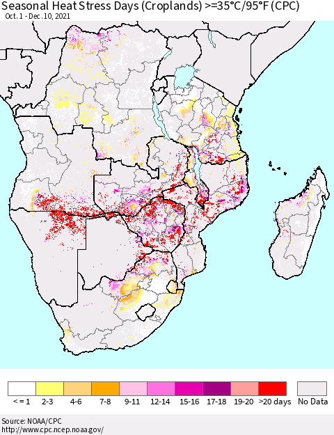 Southern Africa Seasonal Heat Stress Days (Croplands) >=35°C/95°F (CPC) Thematic Map For 10/1/2021 - 12/10/2021