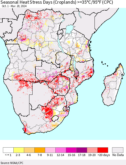 Southern Africa Seasonal Heat Stress Days (Croplands) >=35°C/95°F (CPC) Thematic Map For 10/1/2023 - 3/20/2024