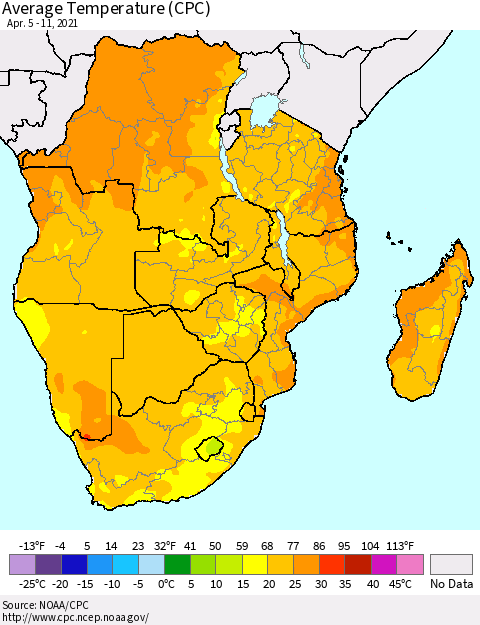 Southern Africa Average Temperature (CPC) Thematic Map For 4/5/2021 - 4/11/2021