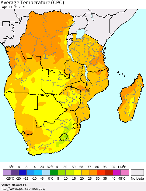 Southern Africa Average Temperature (CPC) Thematic Map For 4/19/2021 - 4/25/2021
