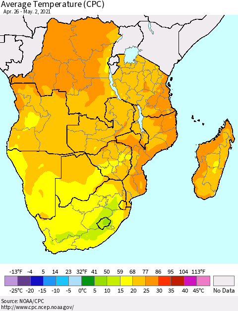 Southern Africa Average Temperature (CPC) Thematic Map For 4/26/2021 - 5/2/2021