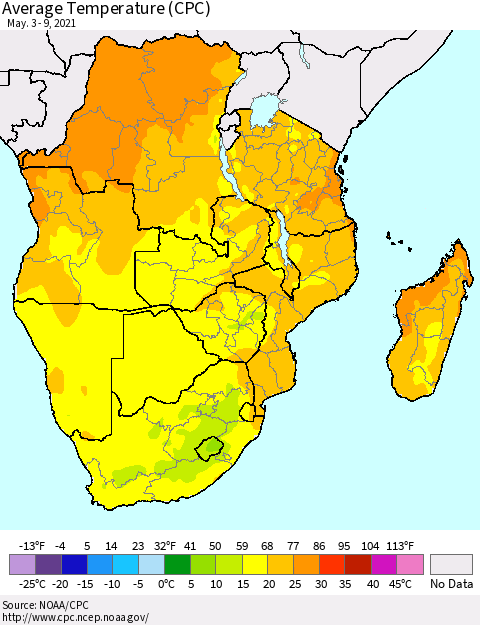 Southern Africa Average Temperature (CPC) Thematic Map For 5/3/2021 - 5/9/2021