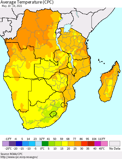 Southern Africa Average Temperature (CPC) Thematic Map For 5/10/2021 - 5/16/2021