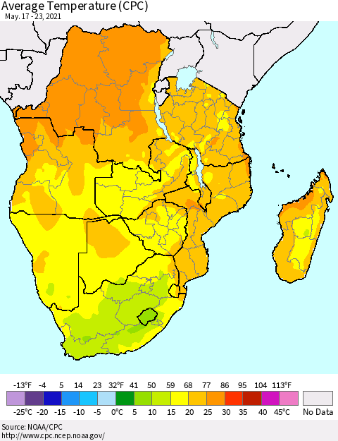 Southern Africa Average Temperature (CPC) Thematic Map For 5/17/2021 - 5/23/2021