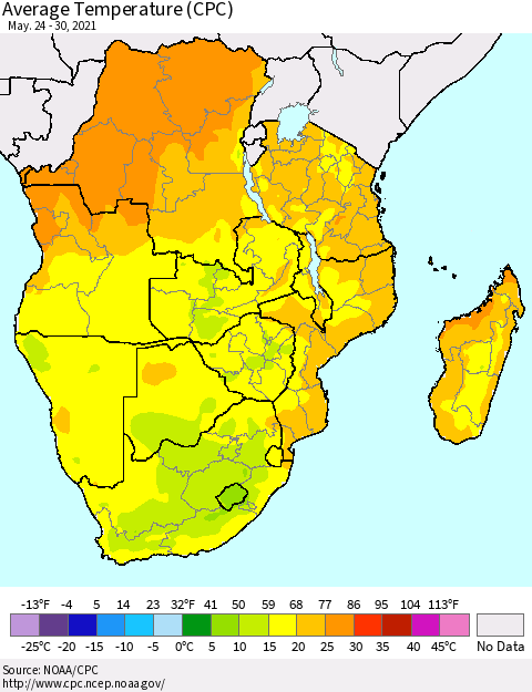 Southern Africa Average Temperature (CPC) Thematic Map For 5/24/2021 - 5/30/2021