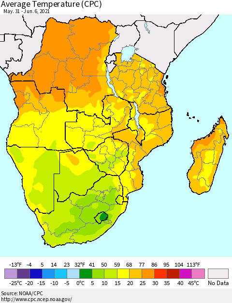 Southern Africa Average Temperature (CPC) Thematic Map For 5/31/2021 - 6/6/2021