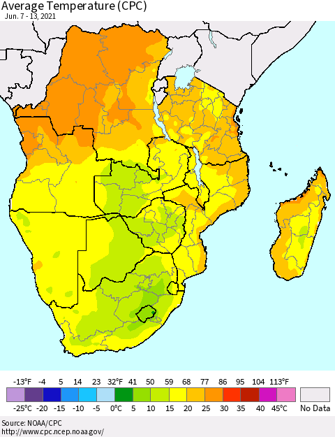 Southern Africa Average Temperature (CPC) Thematic Map For 6/7/2021 - 6/13/2021