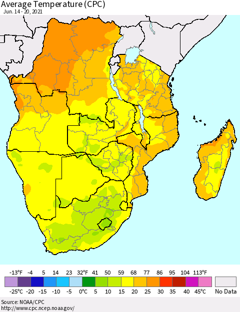 Southern Africa Average Temperature (CPC) Thematic Map For 6/14/2021 - 6/20/2021