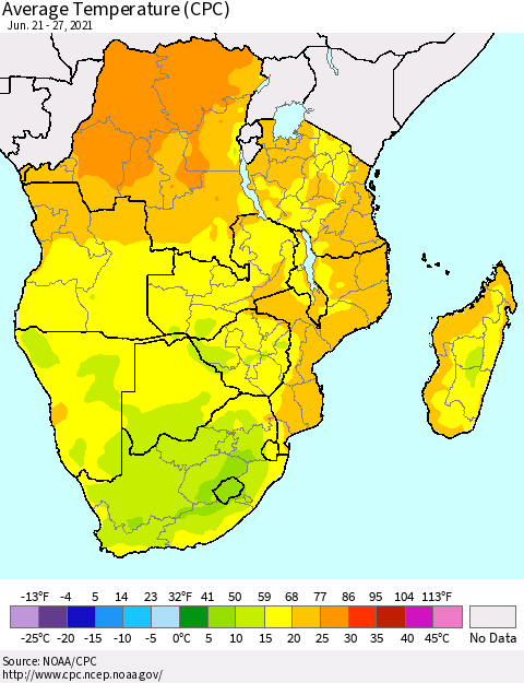 Southern Africa Average Temperature (CPC) Thematic Map For 6/21/2021 - 6/27/2021
