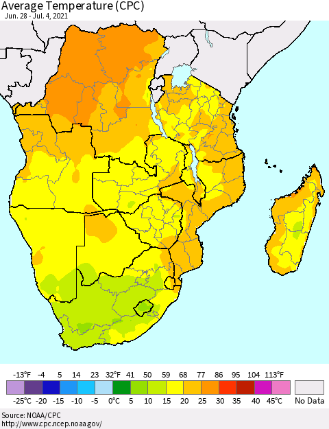 Southern Africa Average Temperature (CPC) Thematic Map For 6/28/2021 - 7/4/2021