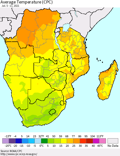 Southern Africa Average Temperature (CPC) Thematic Map For 7/5/2021 - 7/11/2021