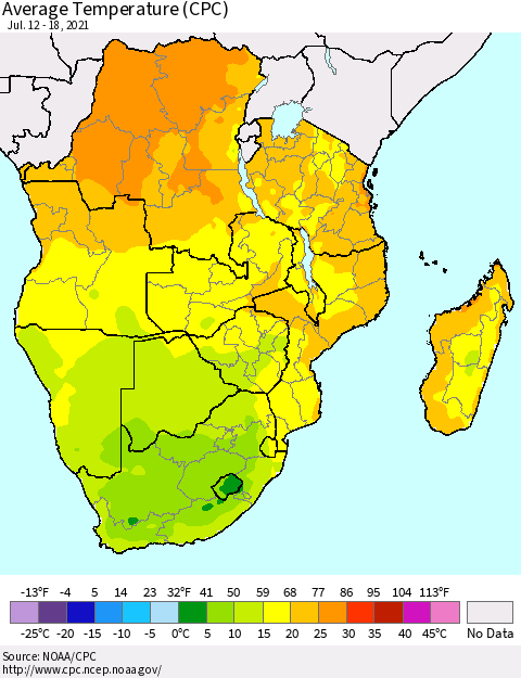 Southern Africa Average Temperature (CPC) Thematic Map For 7/12/2021 - 7/18/2021