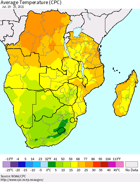 Southern Africa Average Temperature (CPC) Thematic Map For 7/19/2021 - 7/25/2021