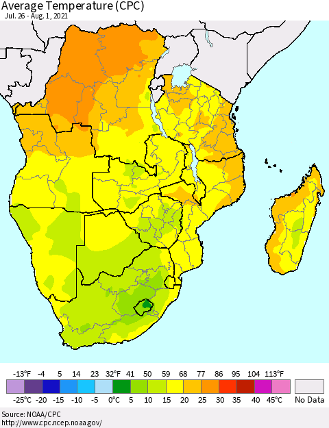 Southern Africa Average Temperature (CPC) Thematic Map For 7/26/2021 - 8/1/2021