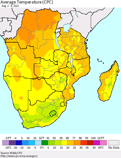 Southern Africa Average Temperature (CPC) Thematic Map For 8/2/2021 - 8/8/2021