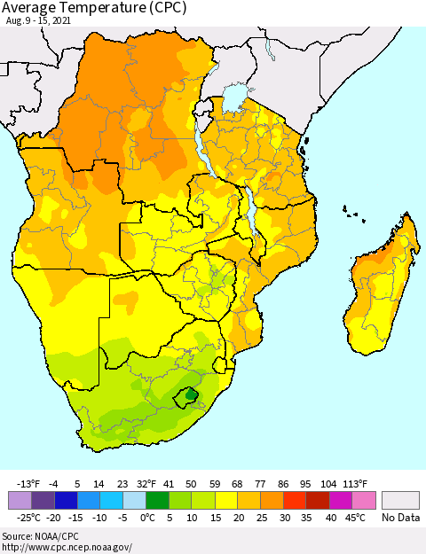 Southern Africa Average Temperature (CPC) Thematic Map For 8/9/2021 - 8/15/2021