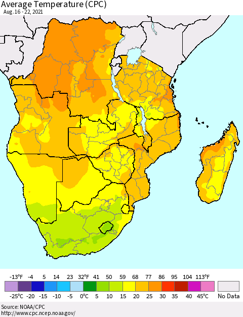 Southern Africa Average Temperature (CPC) Thematic Map For 8/16/2021 - 8/22/2021