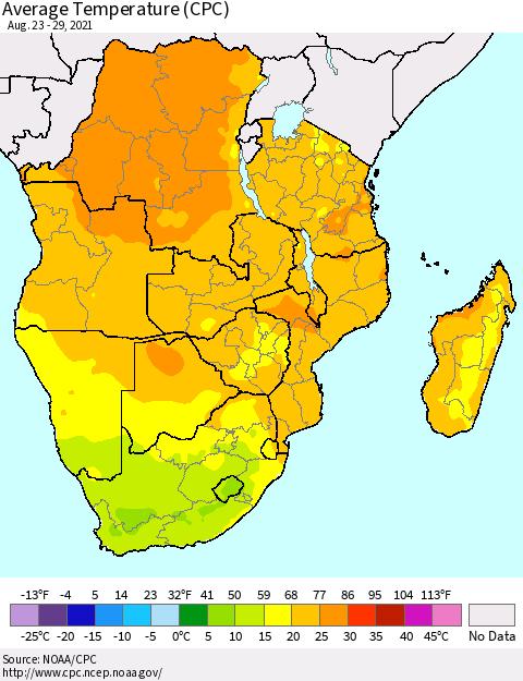 Southern Africa Average Temperature (CPC) Thematic Map For 8/23/2021 - 8/29/2021