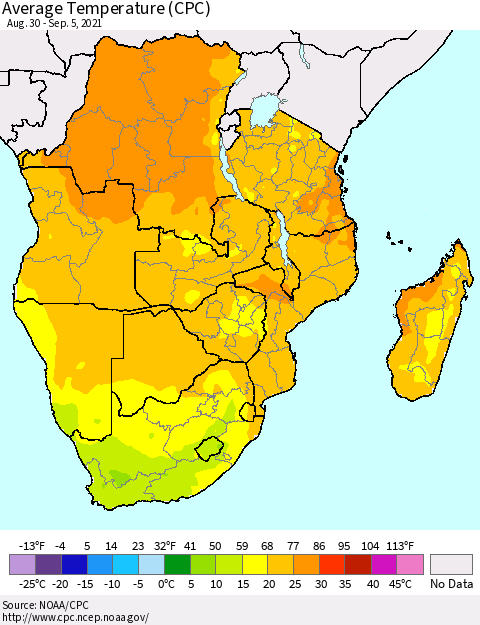 Southern Africa Average Temperature (CPC) Thematic Map For 8/30/2021 - 9/5/2021