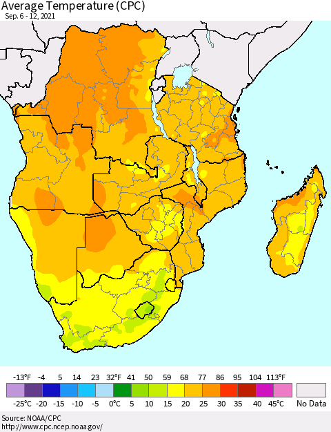 Southern Africa Average Temperature (CPC) Thematic Map For 9/6/2021 - 9/12/2021