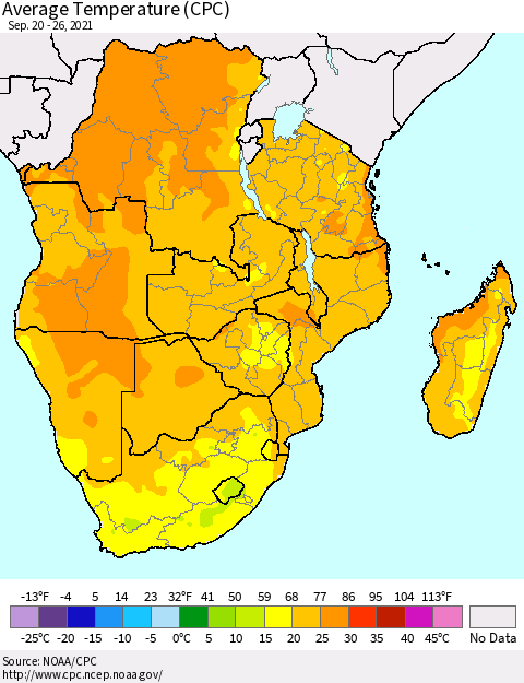 Southern Africa Average Temperature (CPC) Thematic Map For 9/20/2021 - 9/26/2021