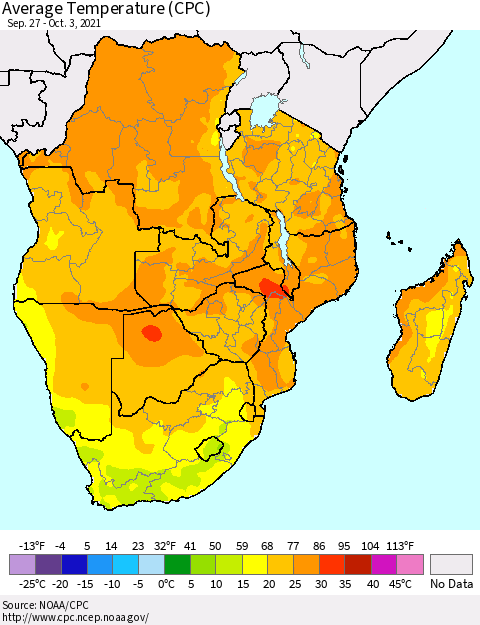 Southern Africa Average Temperature (CPC) Thematic Map For 9/27/2021 - 10/3/2021