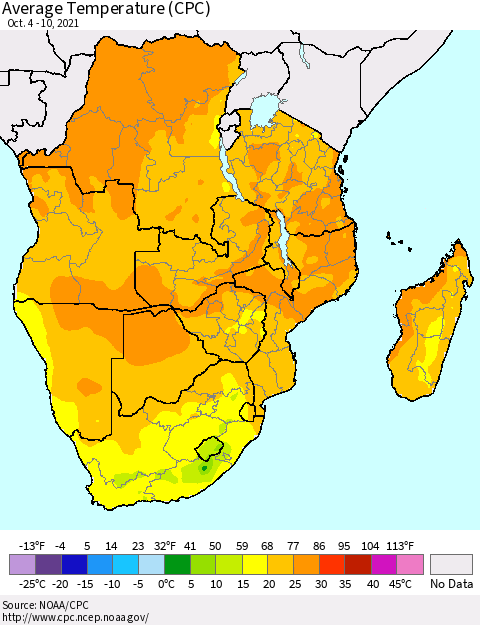Southern Africa Average Temperature (CPC) Thematic Map For 10/4/2021 - 10/10/2021