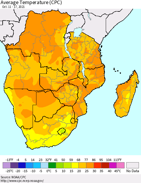 Southern Africa Average Temperature (CPC) Thematic Map For 10/11/2021 - 10/17/2021