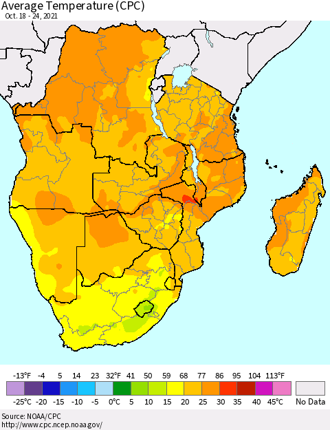 Southern Africa Average Temperature (CPC) Thematic Map For 10/18/2021 - 10/24/2021