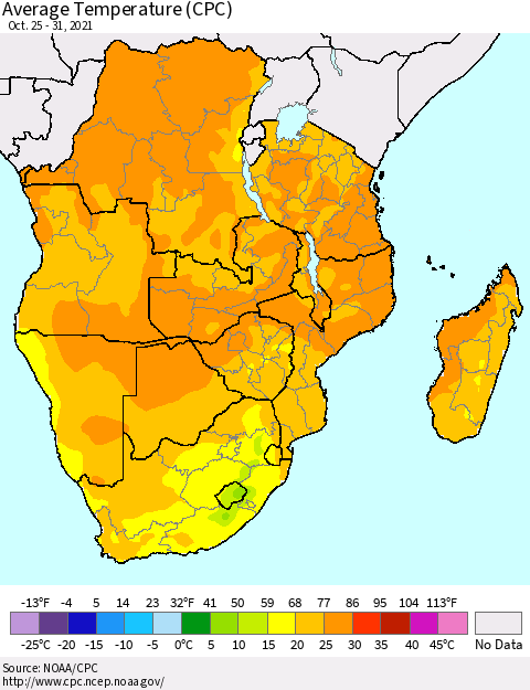 Southern Africa Average Temperature (CPC) Thematic Map For 10/25/2021 - 10/31/2021