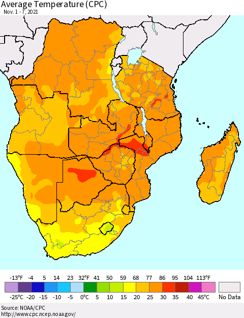 Southern Africa Average Temperature (CPC) Thematic Map For 11/1/2021 - 11/7/2021