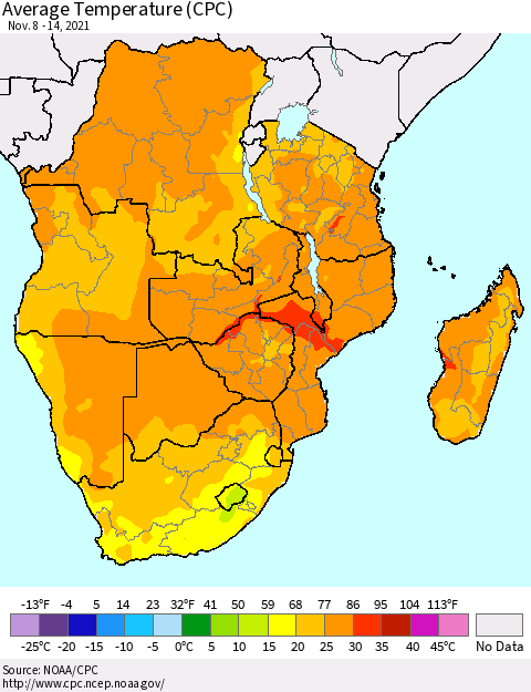 Southern Africa Average Temperature (CPC) Thematic Map For 11/8/2021 - 11/14/2021