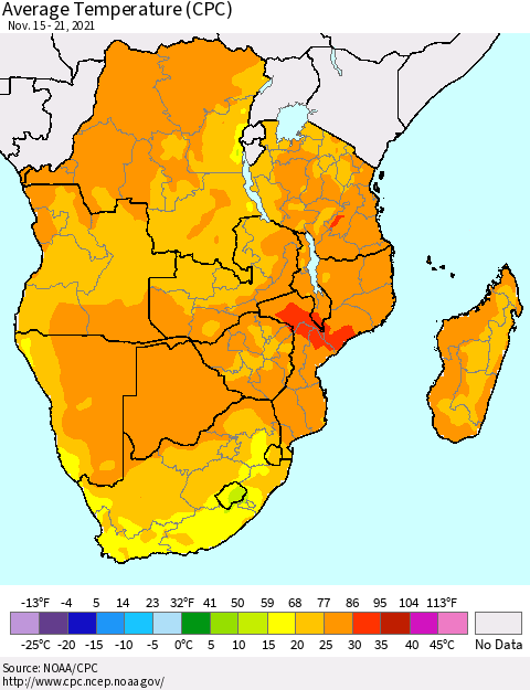 Southern Africa Average Temperature (CPC) Thematic Map For 11/15/2021 - 11/21/2021