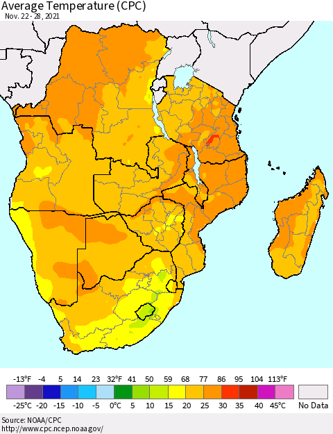 Southern Africa Average Temperature (CPC) Thematic Map For 11/22/2021 - 11/28/2021