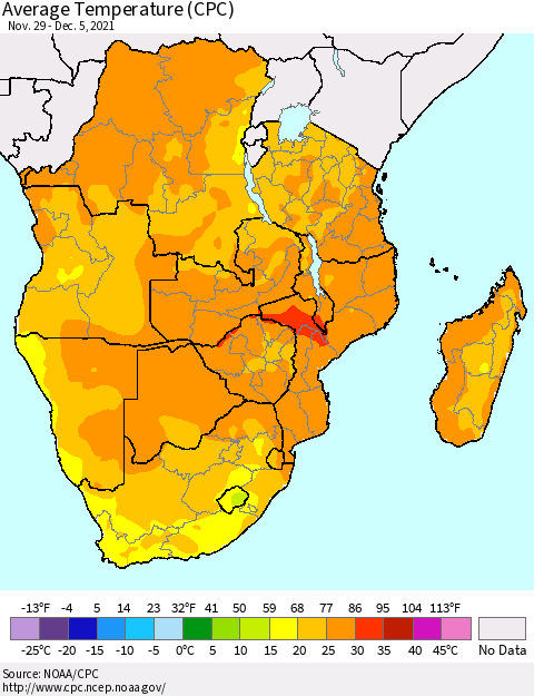 Southern Africa Average Temperature (CPC) Thematic Map For 11/29/2021 - 12/5/2021