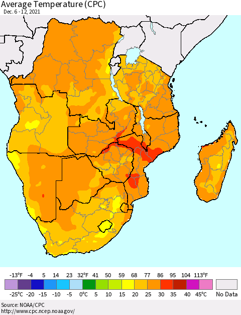 Southern Africa Average Temperature (CPC) Thematic Map For 12/6/2021 - 12/12/2021
