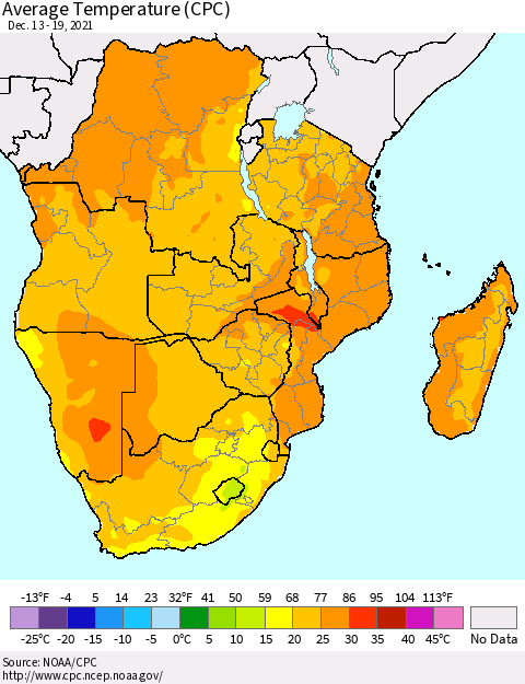 Southern Africa Average Temperature (CPC) Thematic Map For 12/13/2021 - 12/19/2021